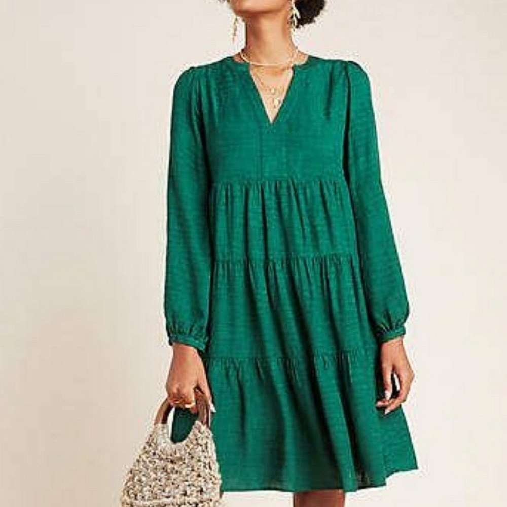 Green Tiered Long-Sleeve V-Neck Dress